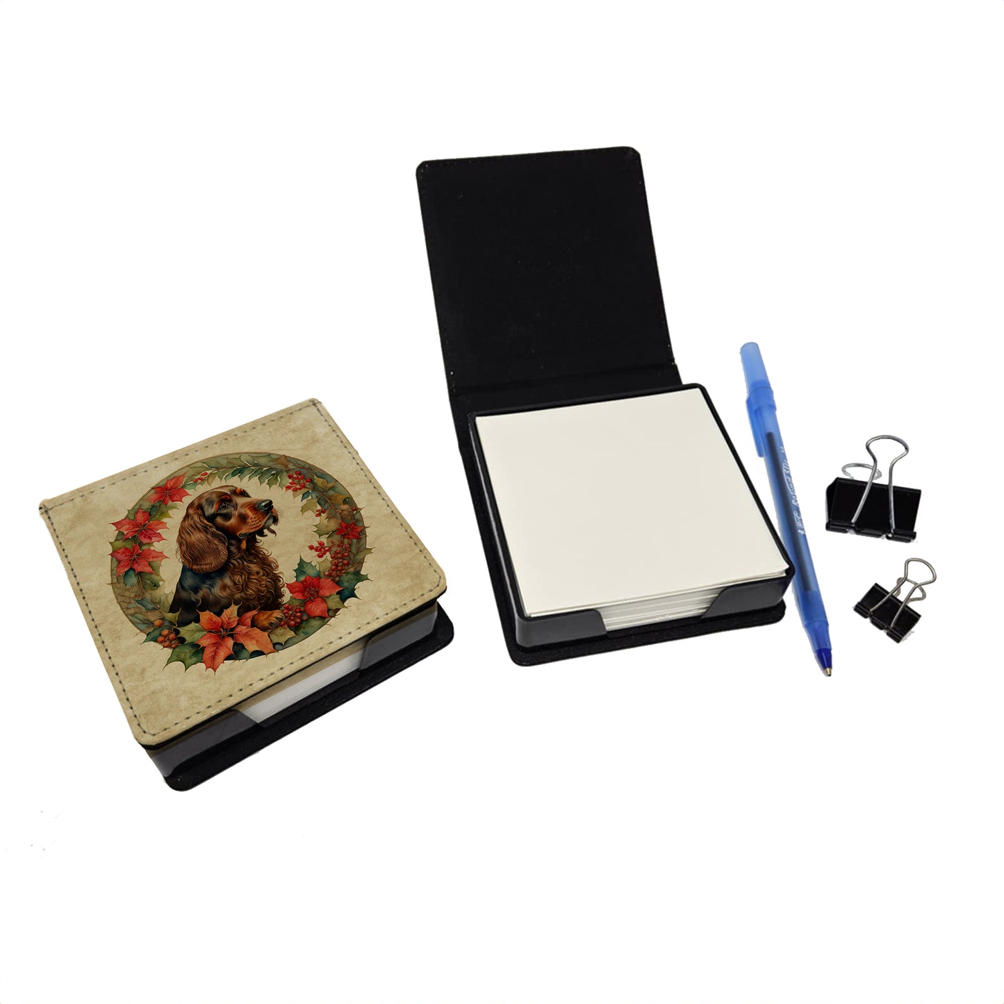 Field Spaniel Christmas Flowers PU Leather Note Paper Holder