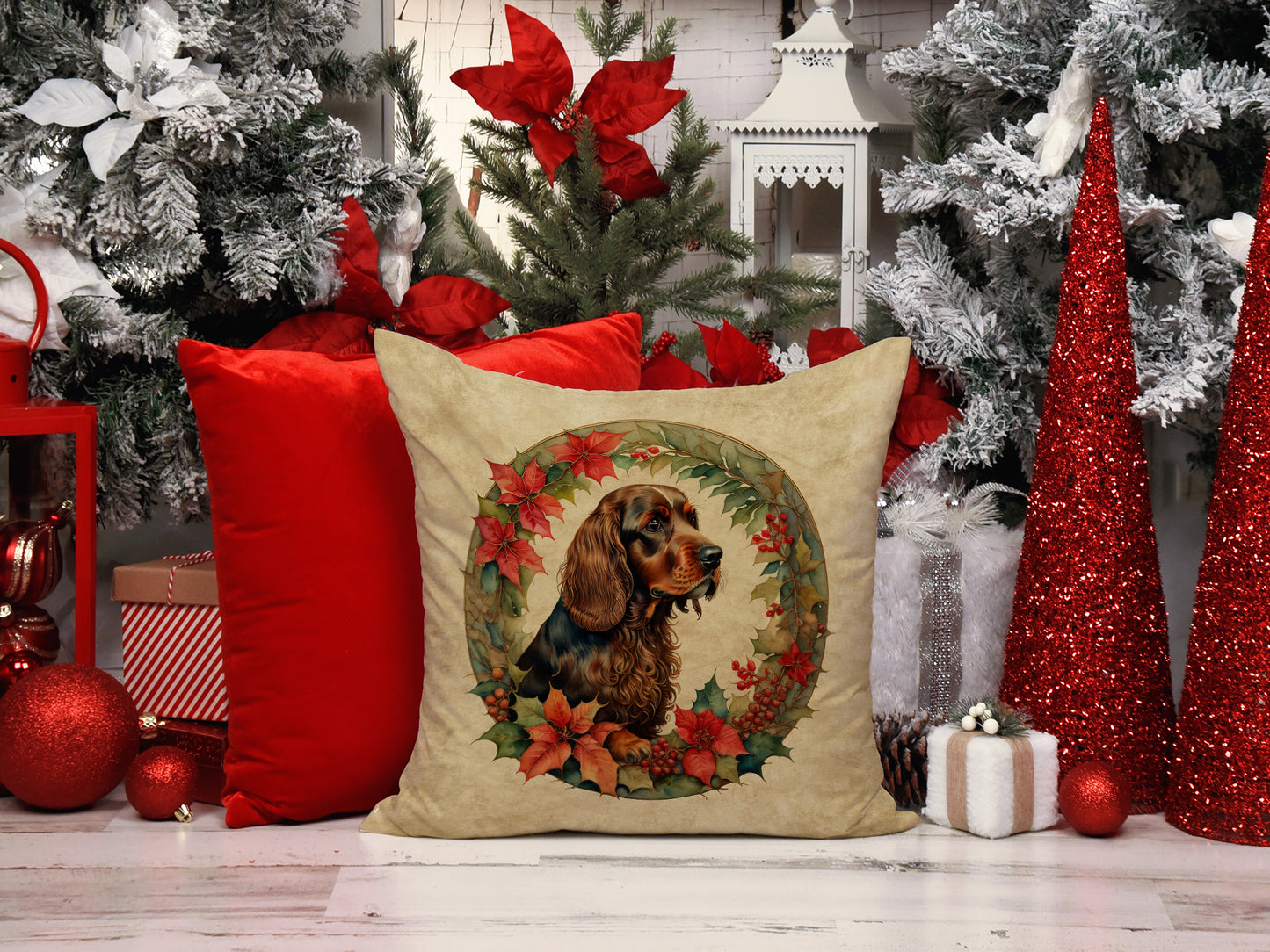 Field Spaniel Christmas Flowers Throw Pillow