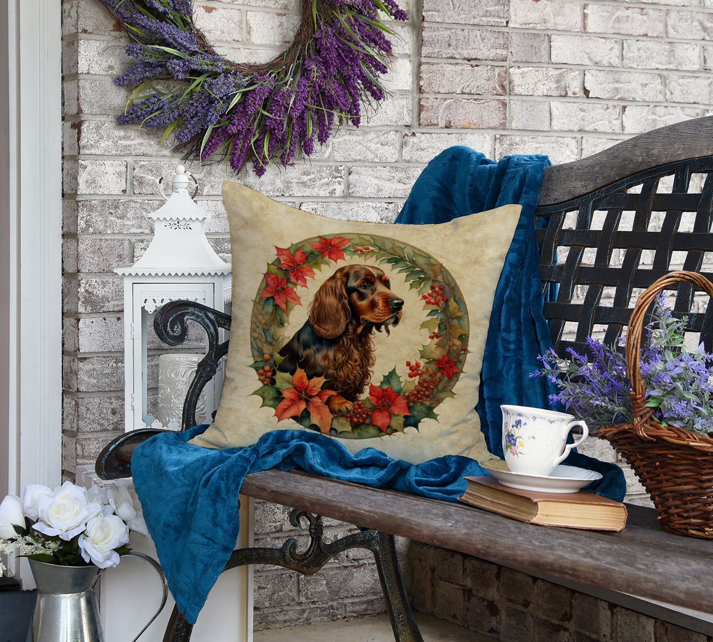 Field Spaniel Christmas Flowers Throw Pillow