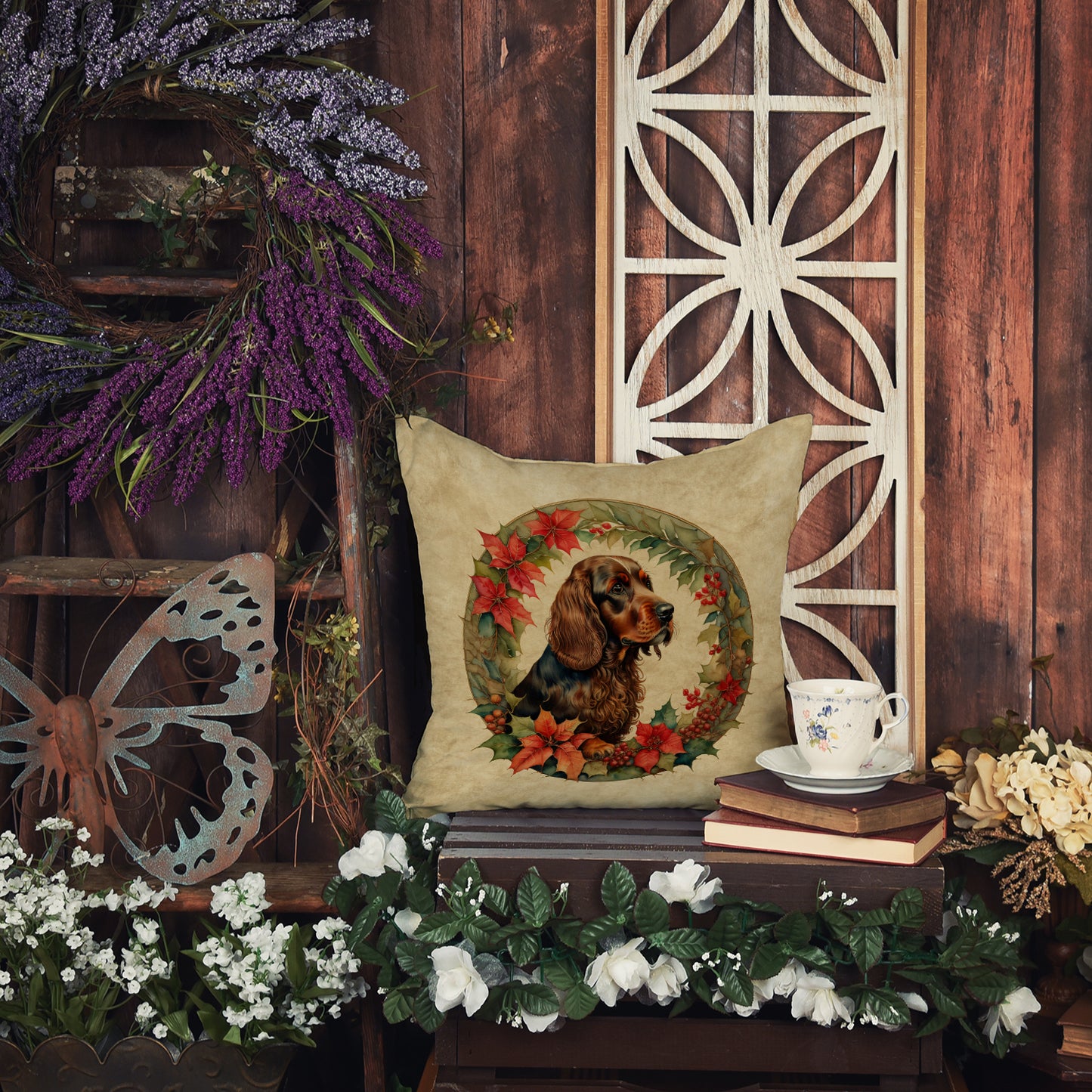 Field Spaniel Christmas Flowers Throw Pillow