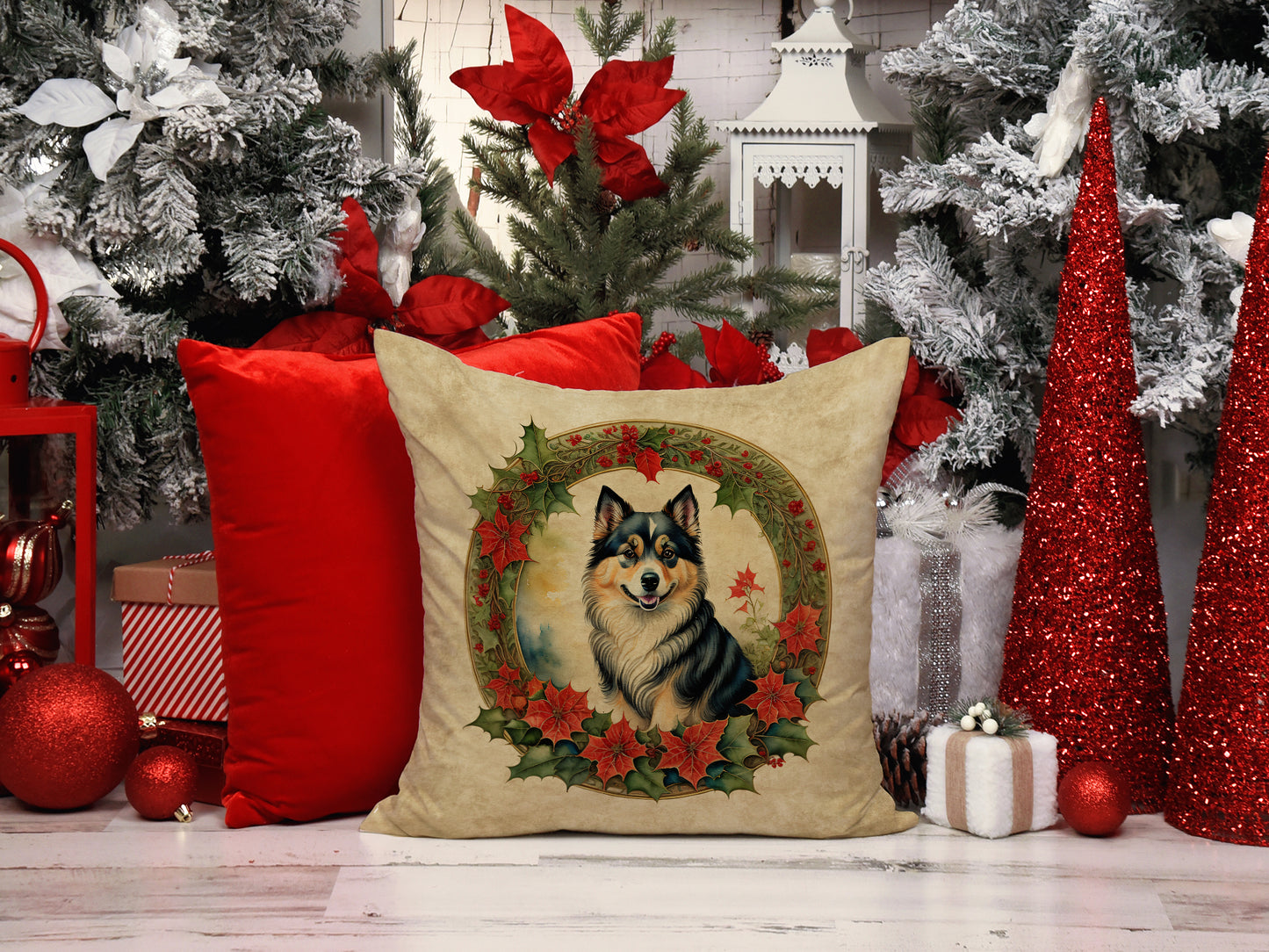 Finnish Lapphund Christmas Flowers Throw Pillow