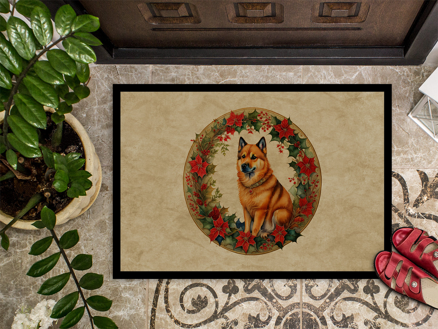 Finnish Spitz Christmas Flowers Doormat