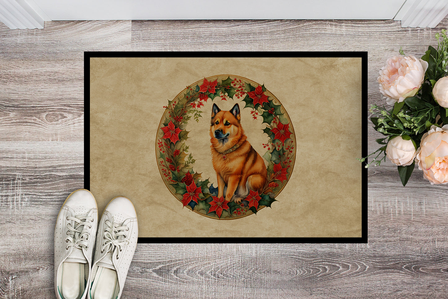 Finnish Spitz Christmas Flowers Doormat