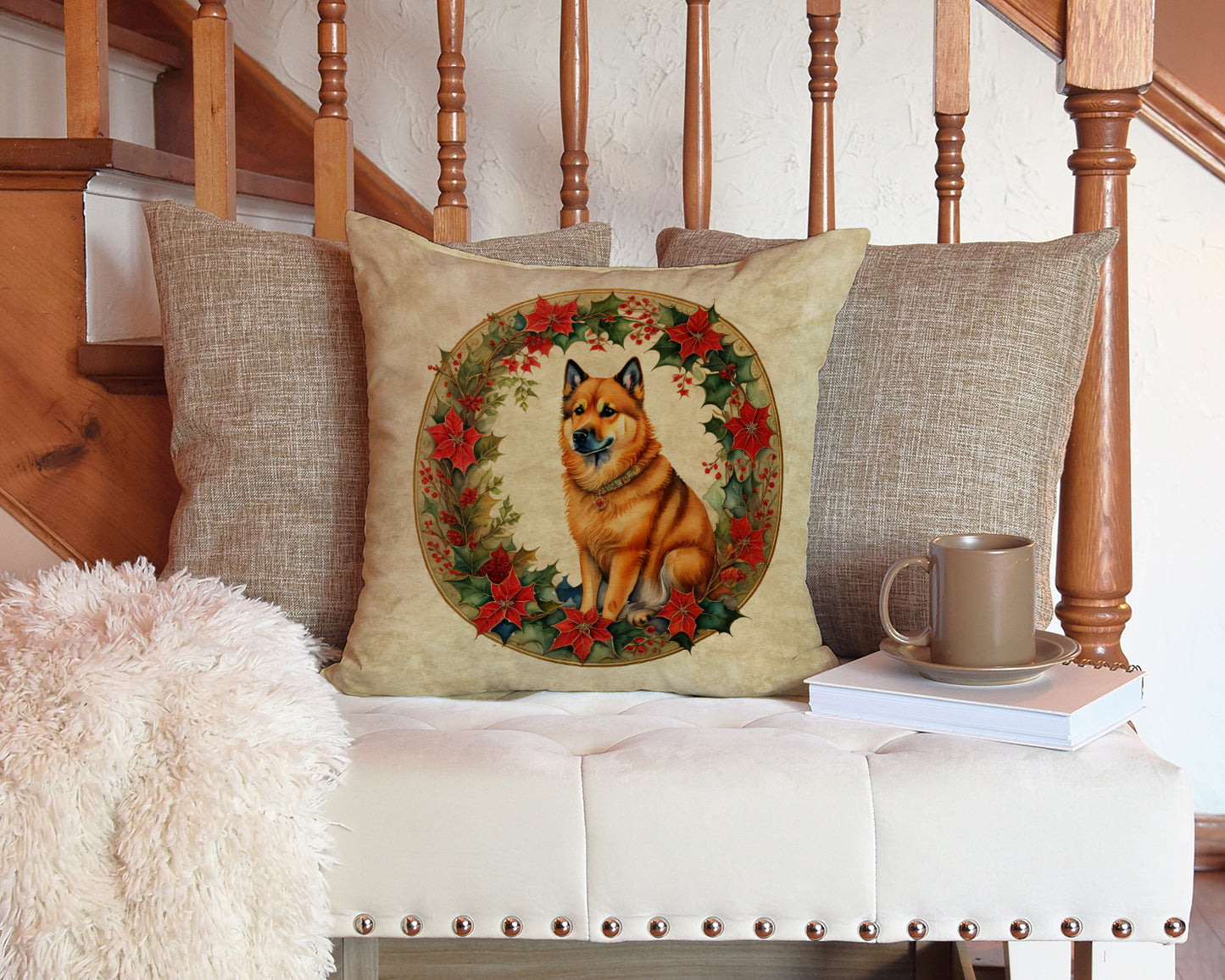 Finnish Spitz Christmas Flowers Throw Pillow