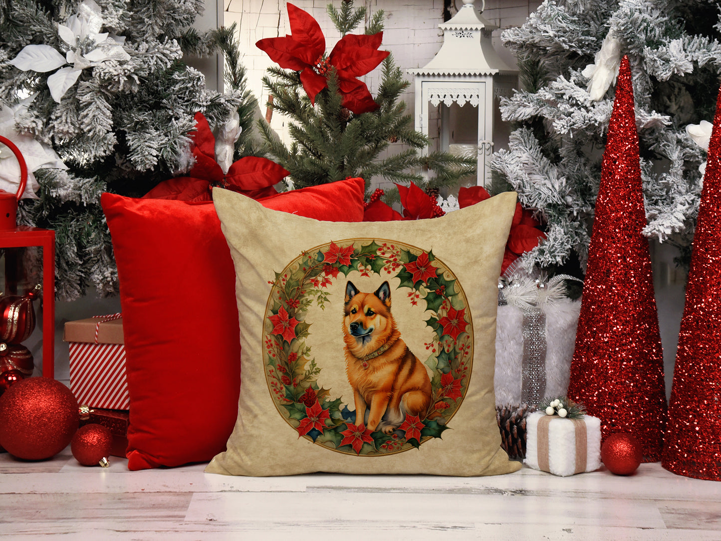 Finnish Spitz Christmas Flowers Throw Pillow