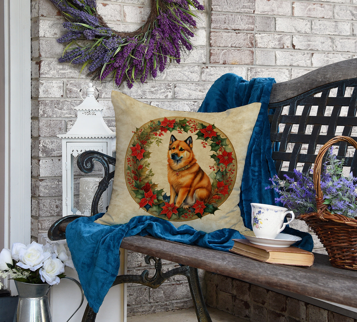 Finnish Spitz Christmas Flowers Throw Pillow