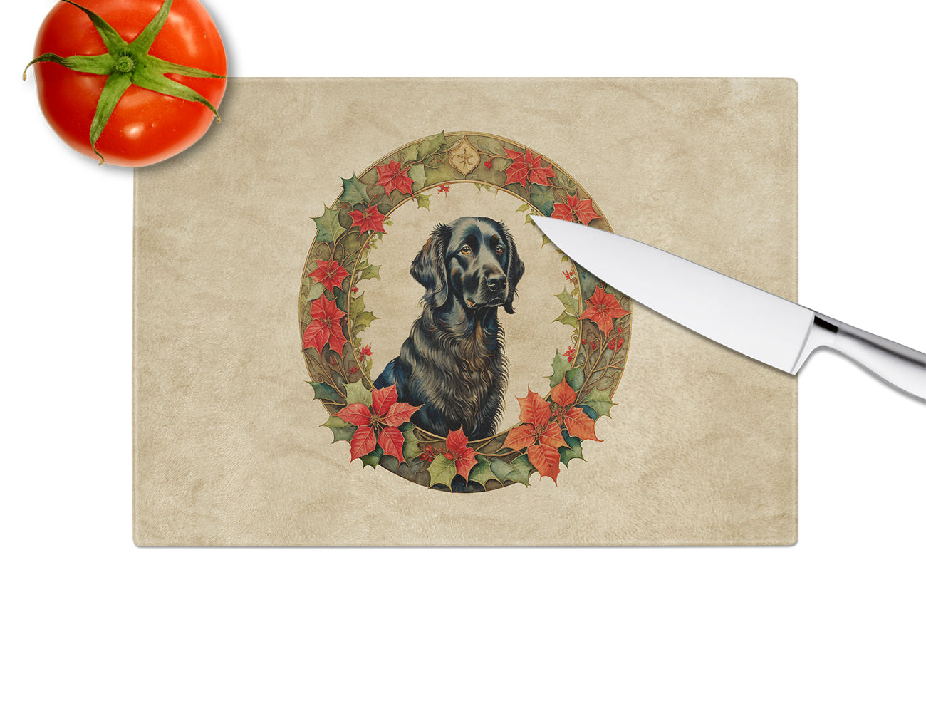 Flat-Coated Retriever Christmas Flowers Glass Cutting Board