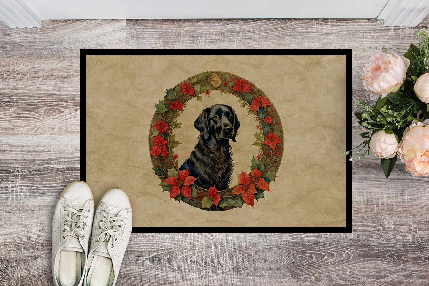 Flat-Coated Retriever Christmas Flowers Doormat