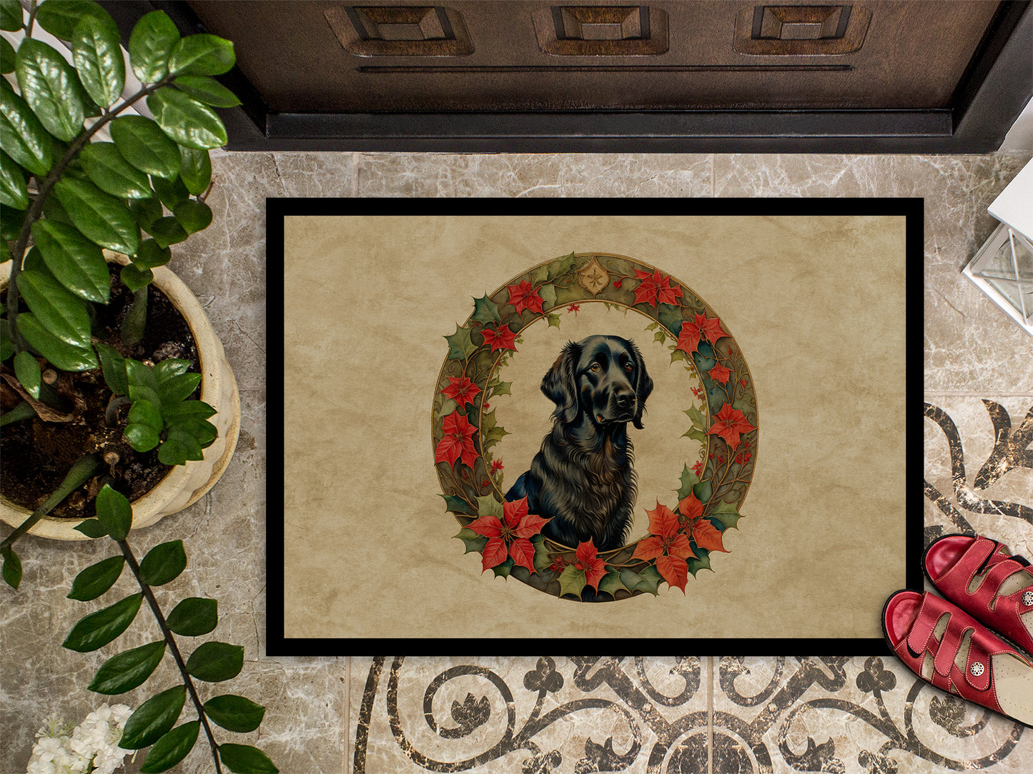 Flat-Coated Retriever Christmas Flowers Doormat