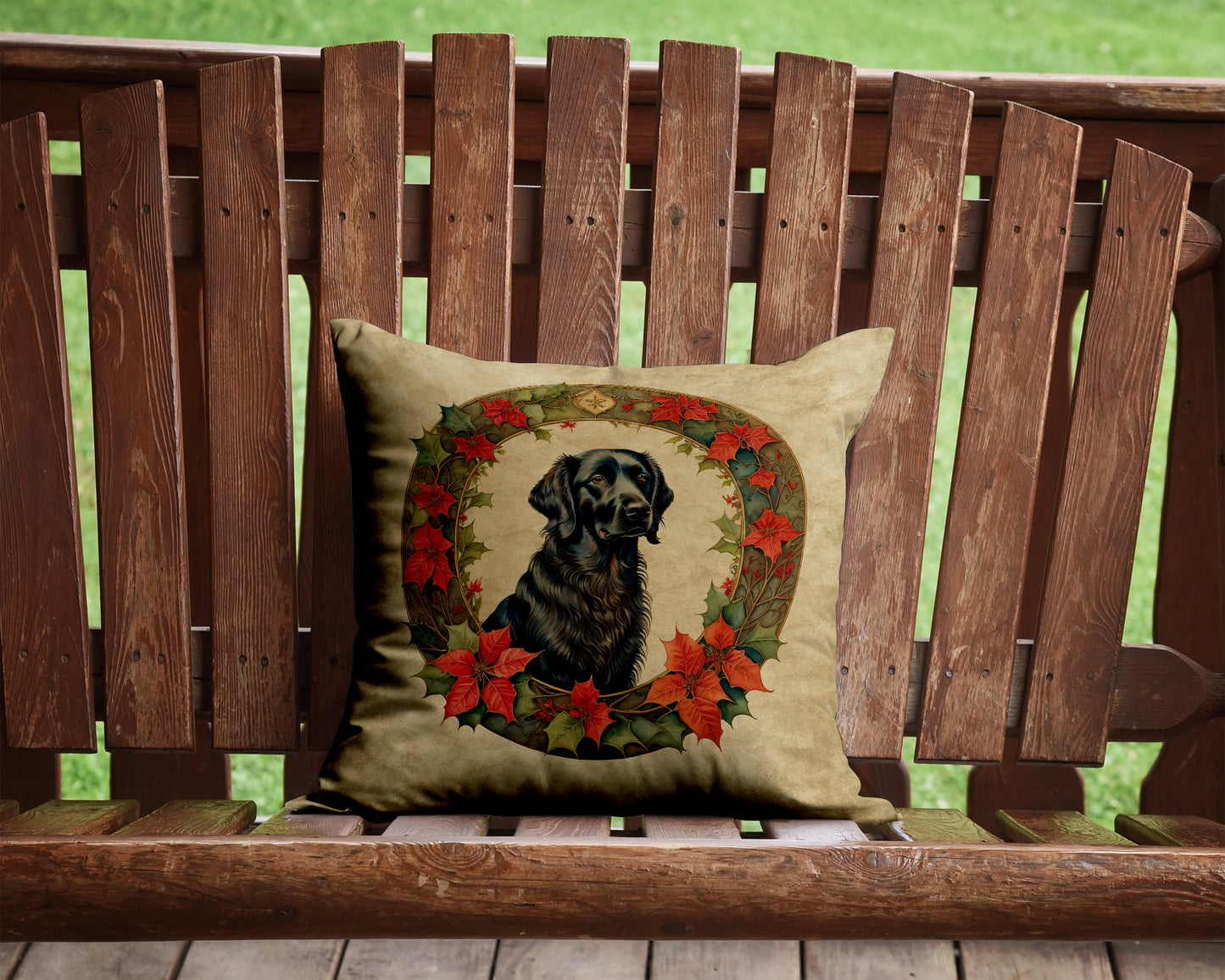 Flat-Coated Retriever Christmas Flowers Throw Pillow