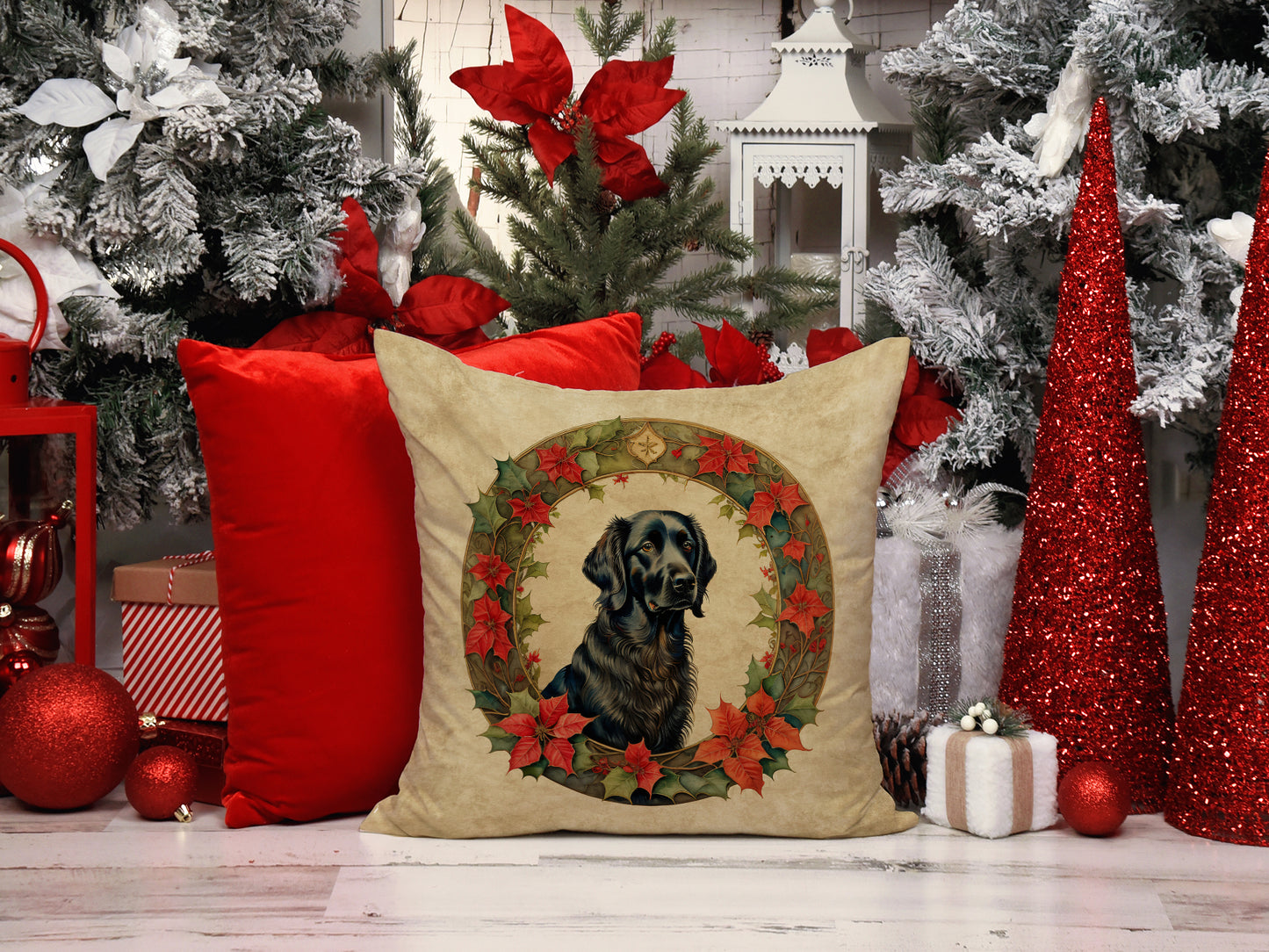 Flat-Coated Retriever Christmas Flowers Throw Pillow