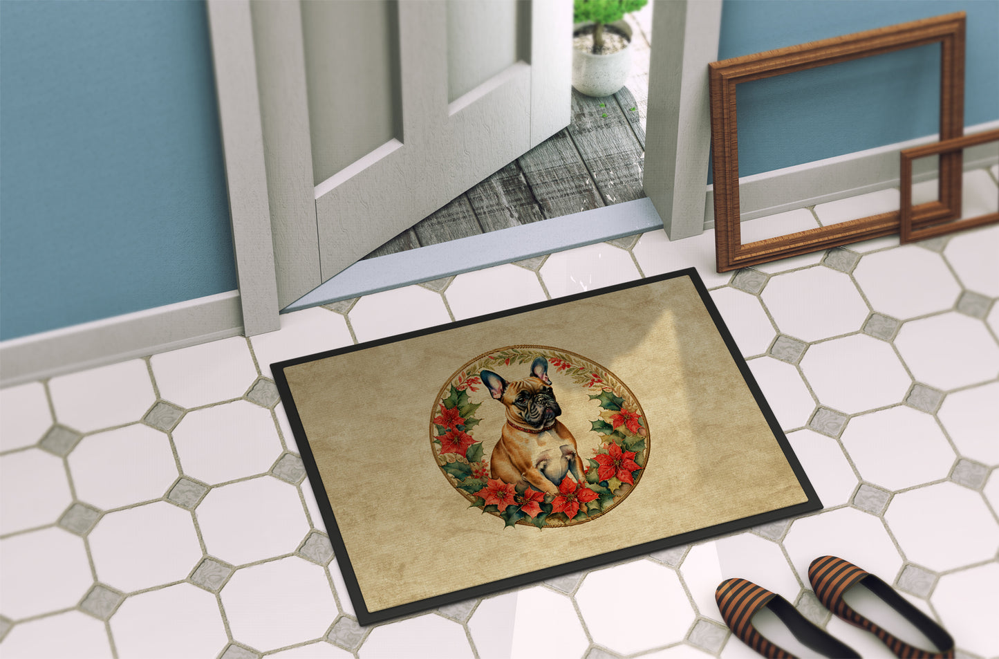 French Bulldog Christmas Flowers Doormat