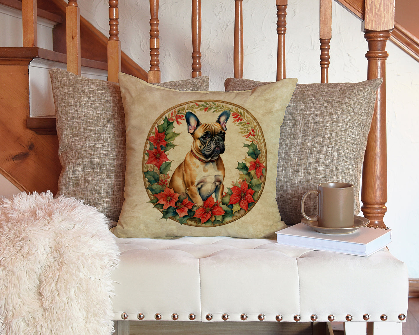 French Bulldog Christmas Flowers Throw Pillow