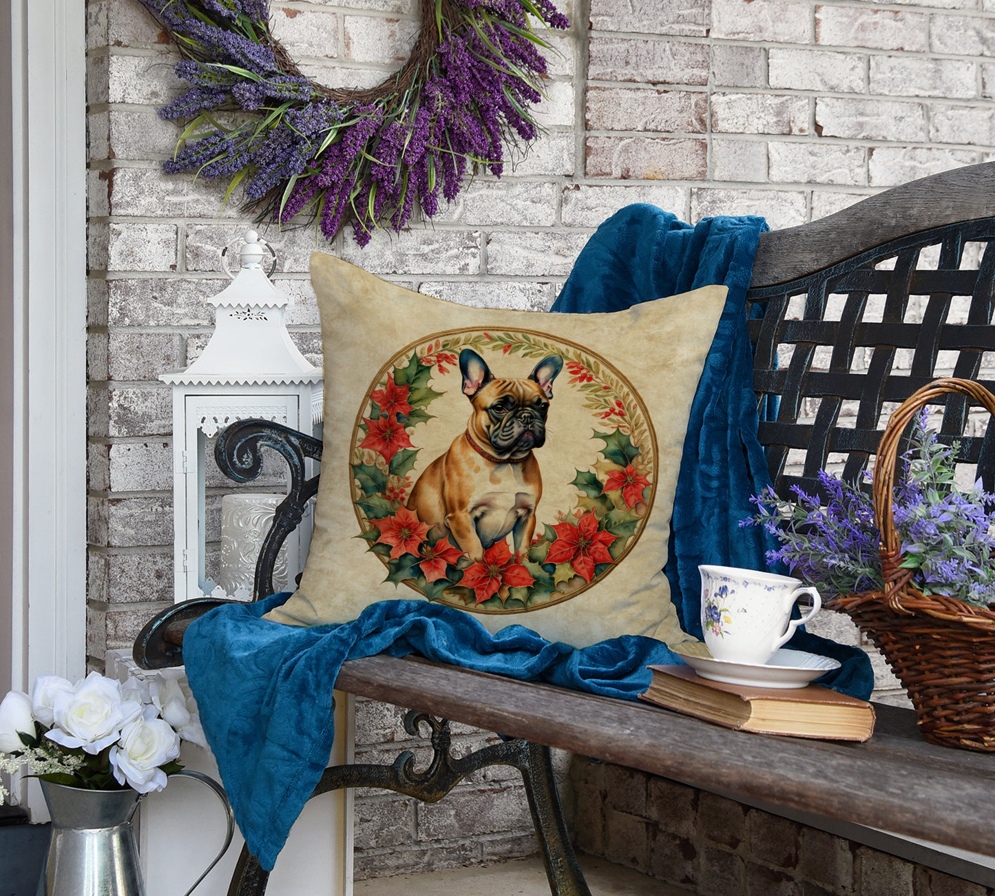 French Bulldog Christmas Flowers Throw Pillow