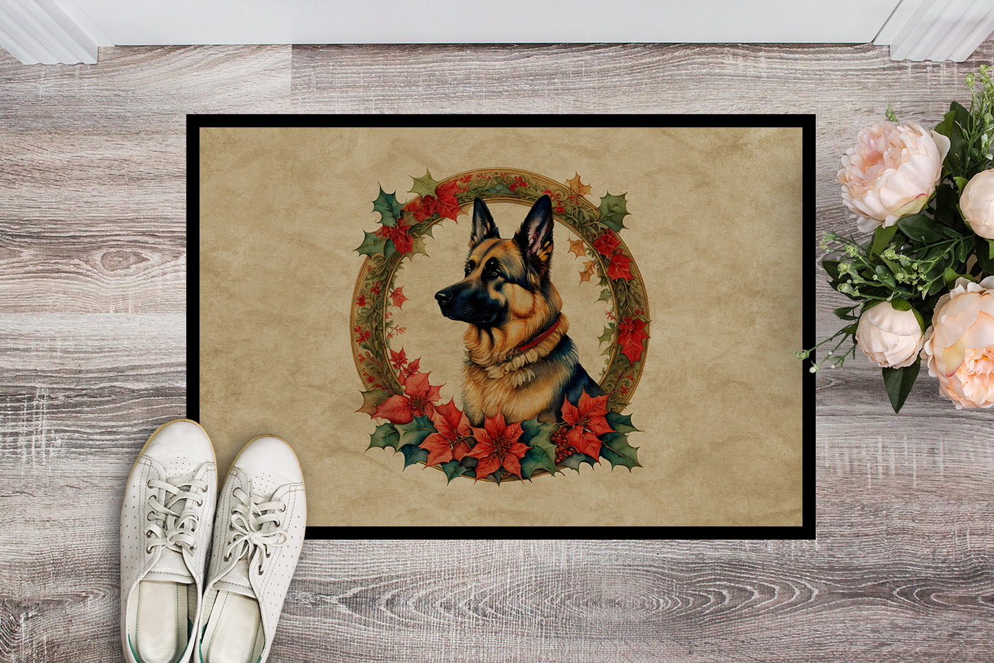 German Shepherd Christmas Flowers Doormat