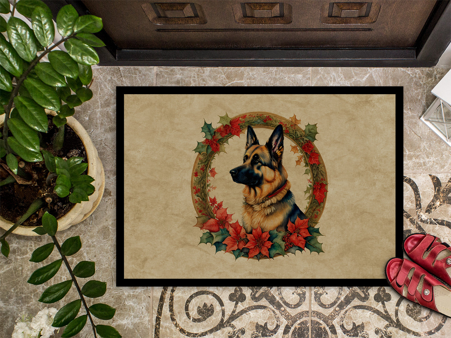 German Shepherd Christmas Flowers Doormat