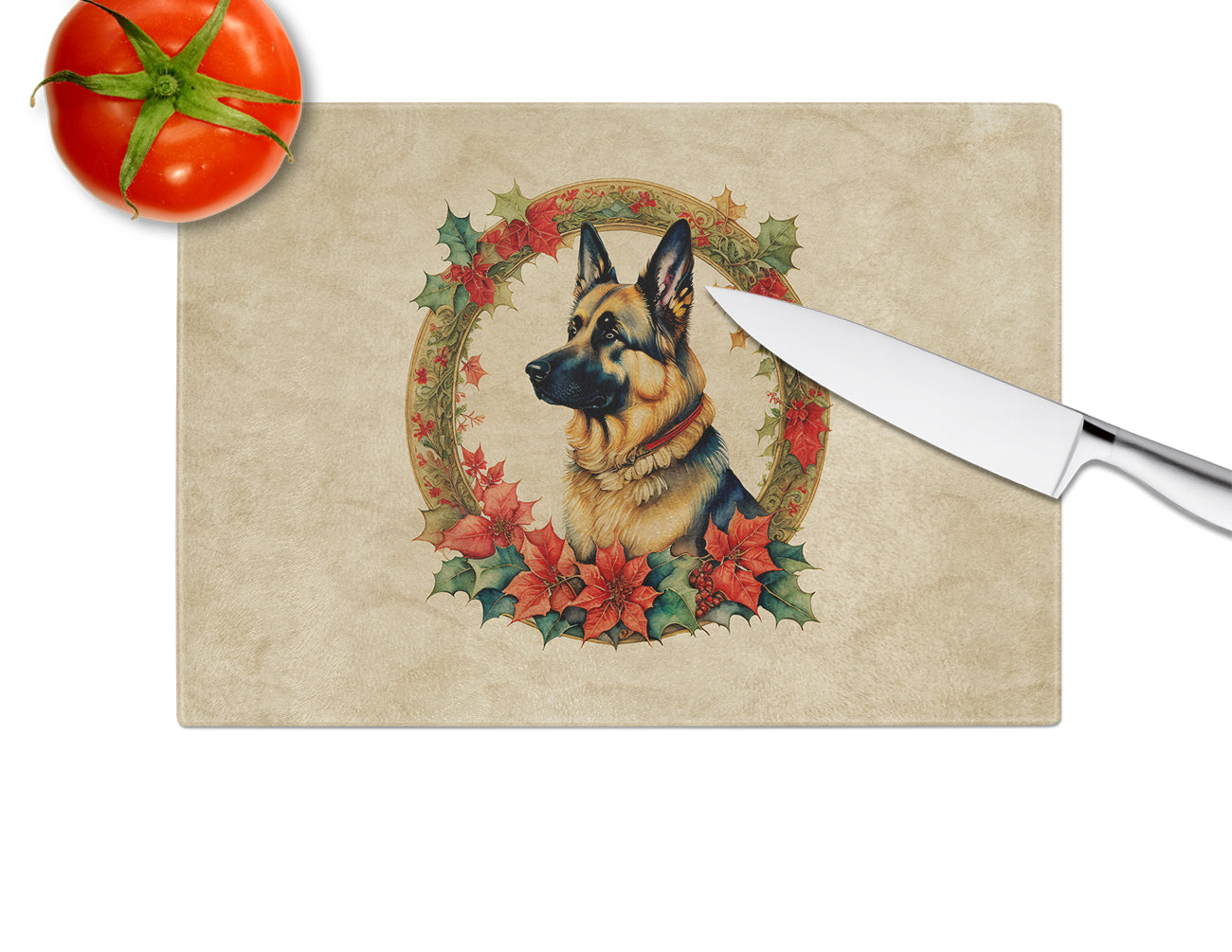 German Shepherd Christmas Flowers Glass Cutting Board