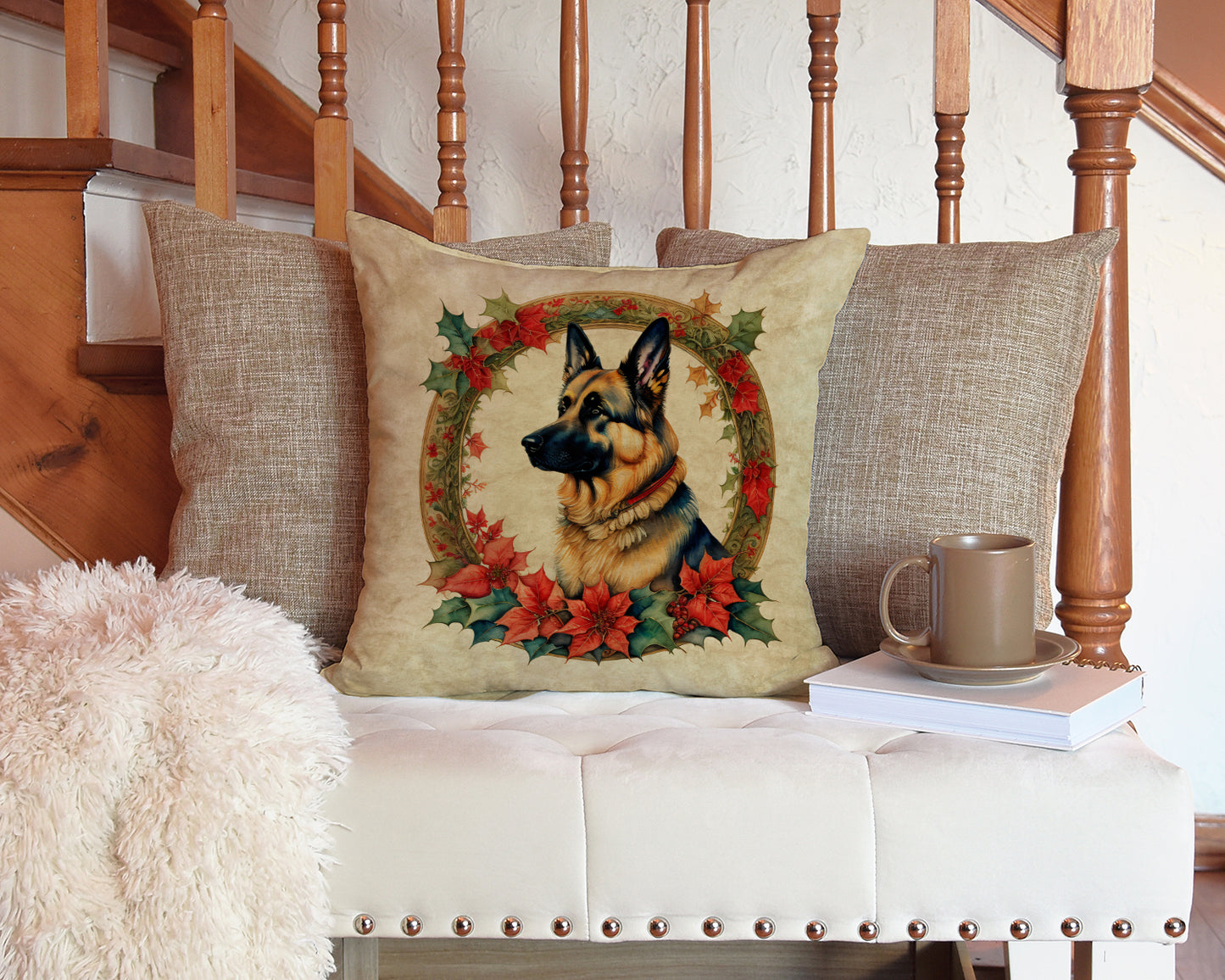 German Shepherd Christmas Flowers Throw Pillow