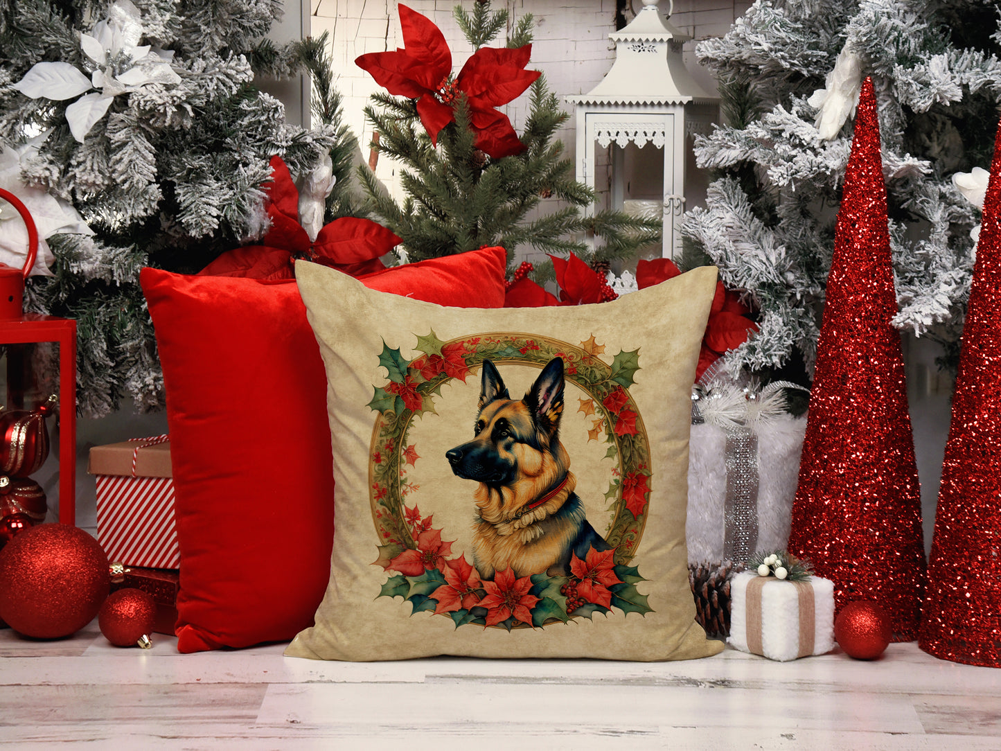 German Shepherd Christmas Flowers Throw Pillow