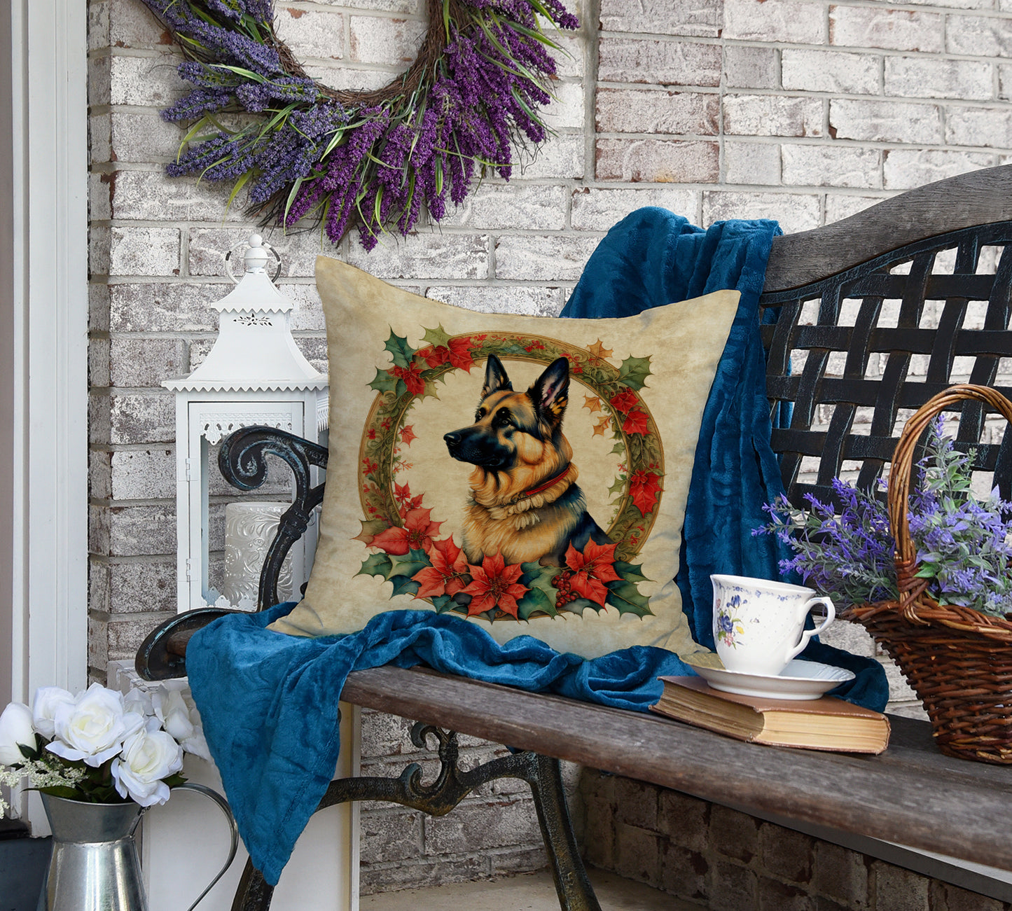 German Shepherd Christmas Flowers Throw Pillow