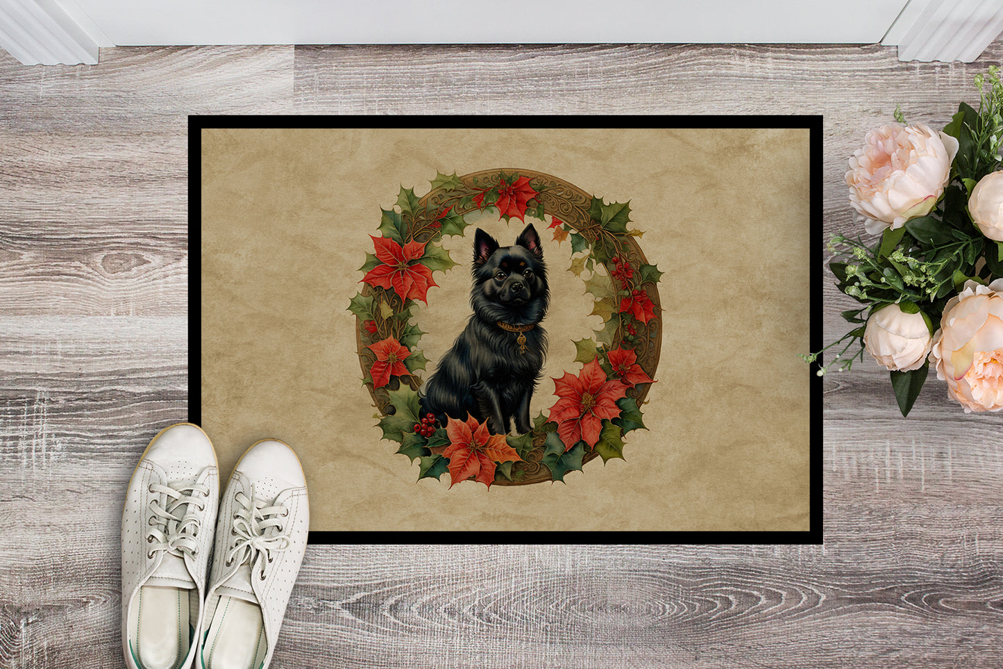 German Spitz Christmas Flowers Doormat