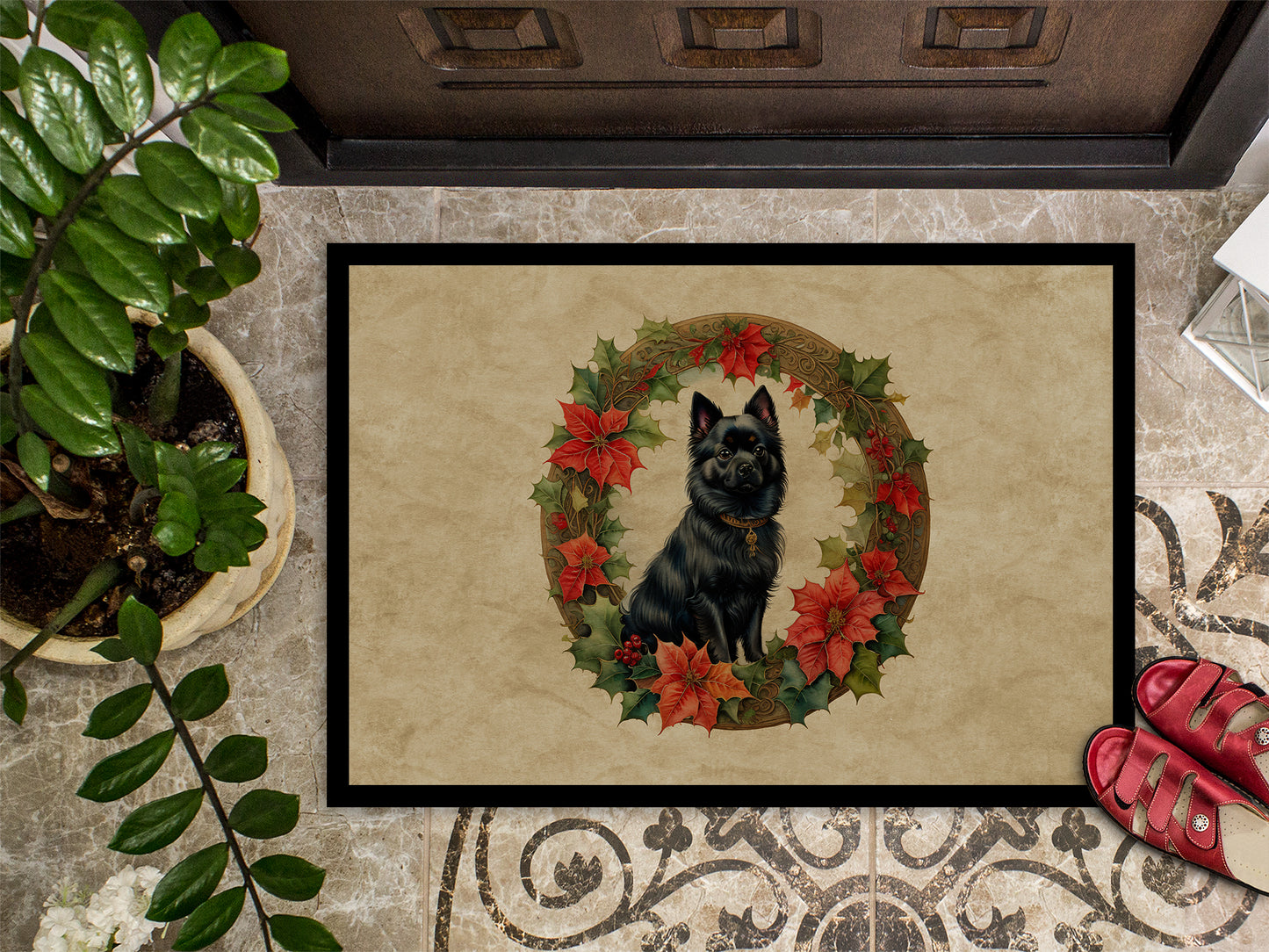 German Spitz Christmas Flowers Doormat