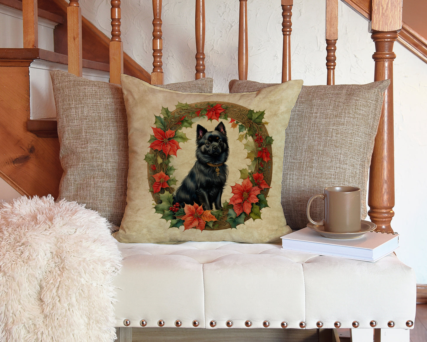 German Spitz Christmas Flowers Throw Pillow