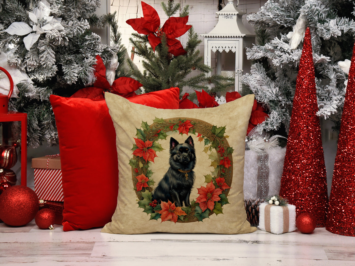 German Spitz Christmas Flowers Throw Pillow