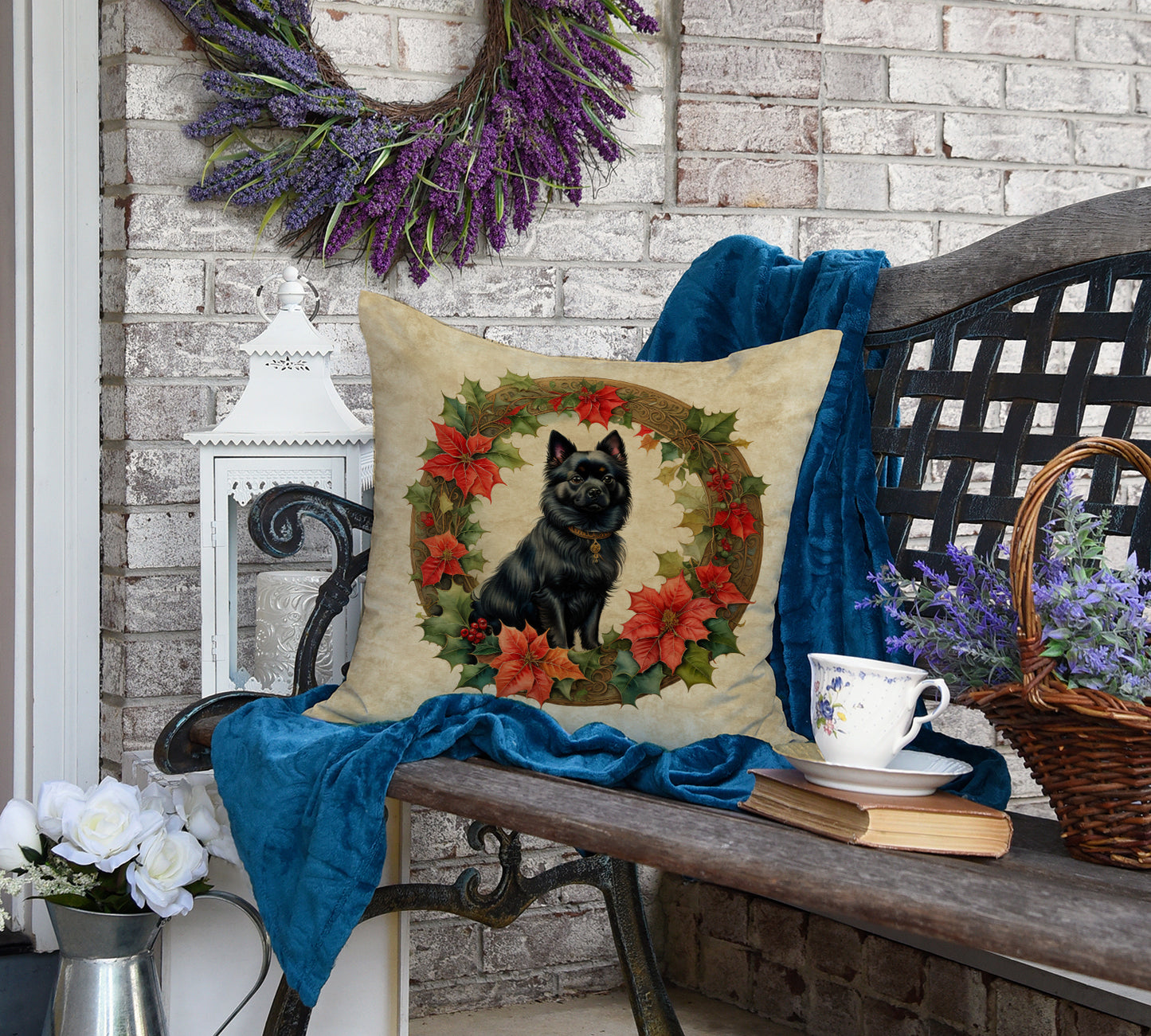 German Spitz Christmas Flowers Throw Pillow