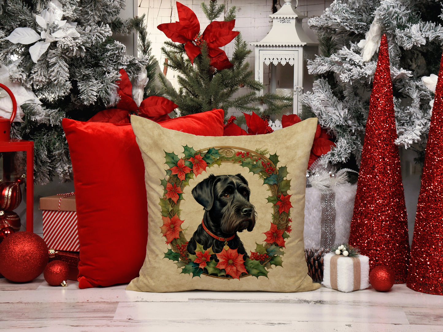 Giant Schnauzer Christmas Flowers Throw Pillow