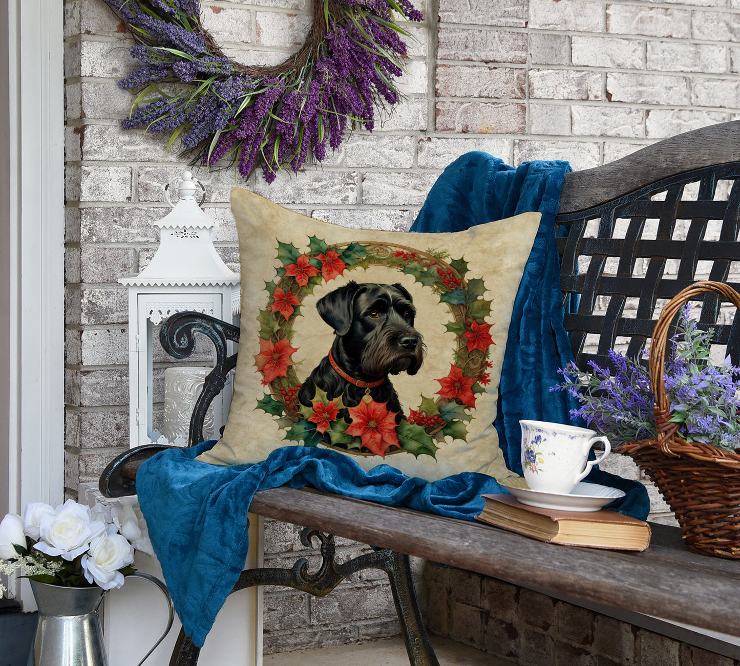 Giant Schnauzer Christmas Flowers Throw Pillow