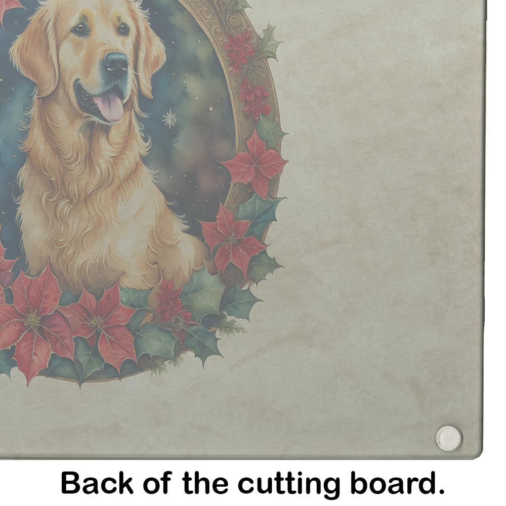 Golden Retriever Christmas Flowers Glass Cutting Board