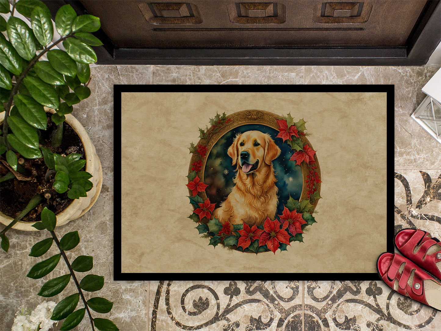 Golden Retriever Christmas Flowers Doormat