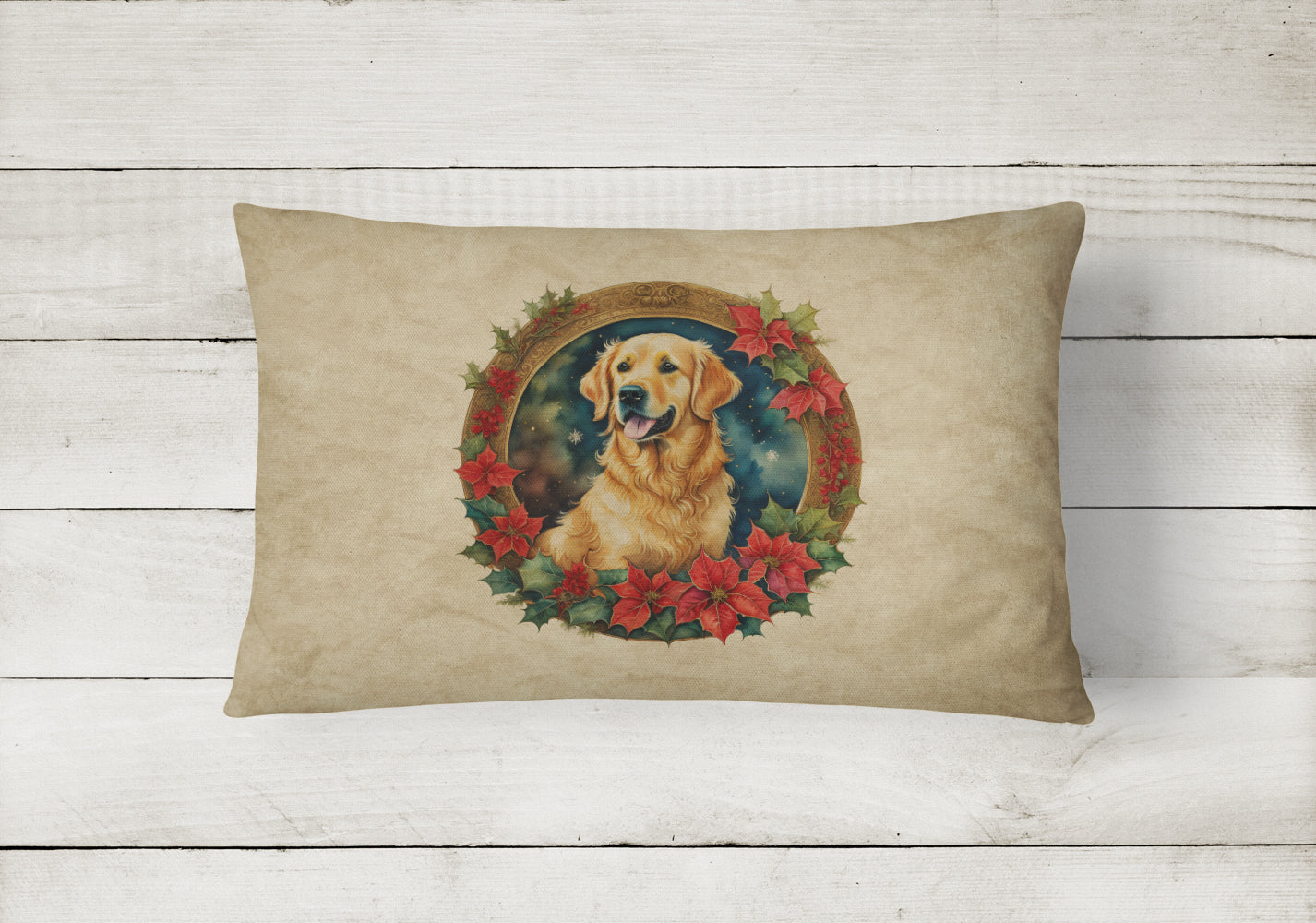 Golden Retriever Christmas Flowers Throw Pillow