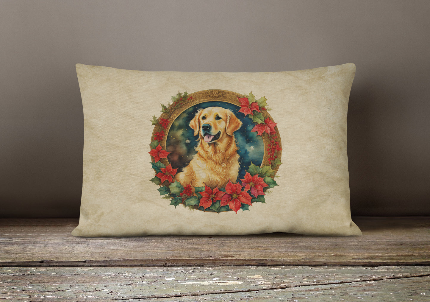 Golden Retriever Christmas Flowers Throw Pillow