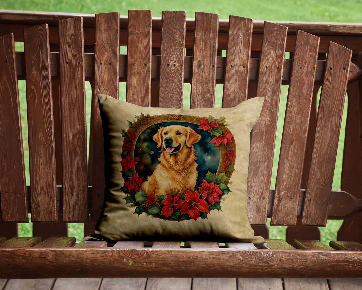 Golden Retriever Christmas Flowers Throw Pillow