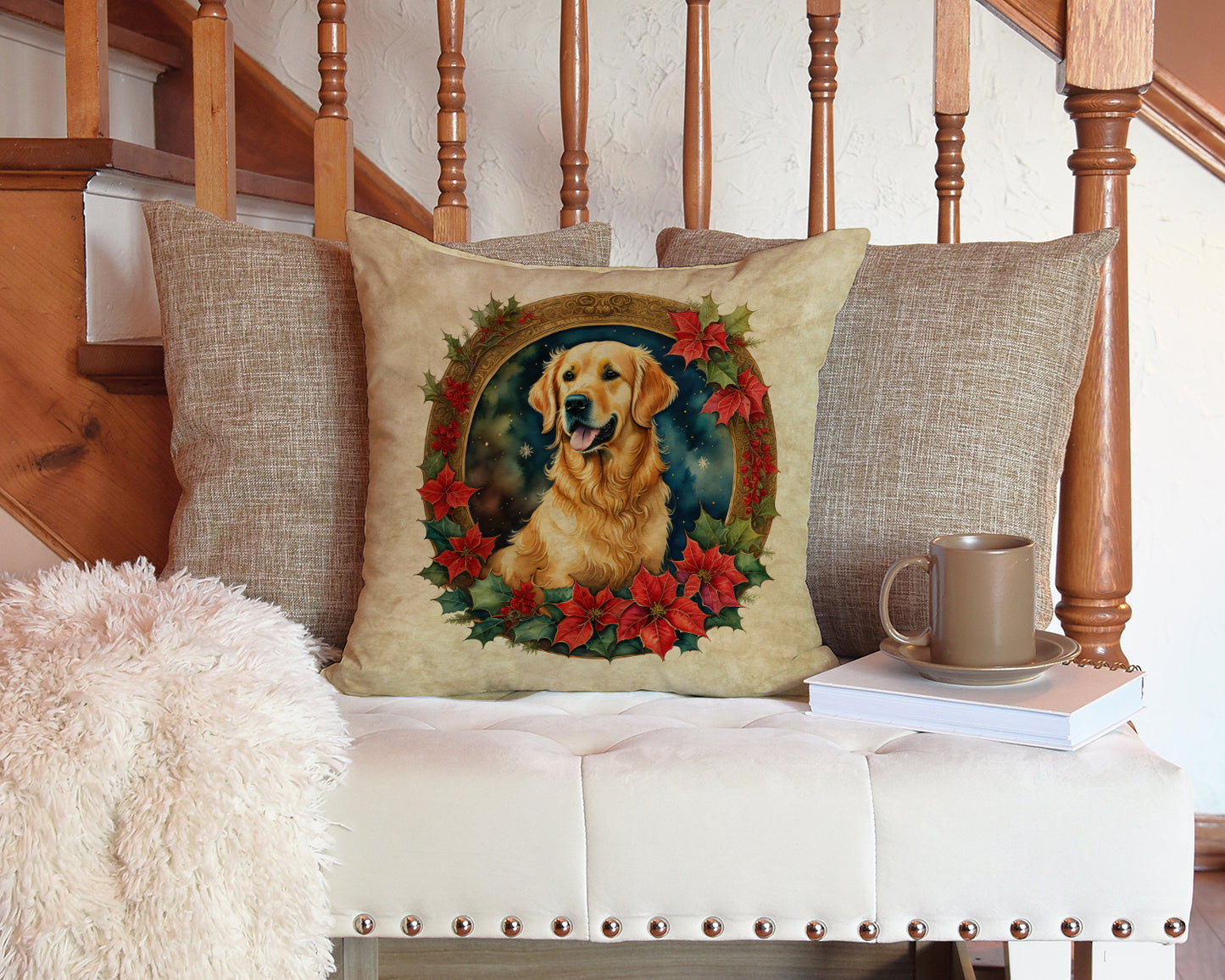 Golden Retriever Christmas Flowers Throw Pillow