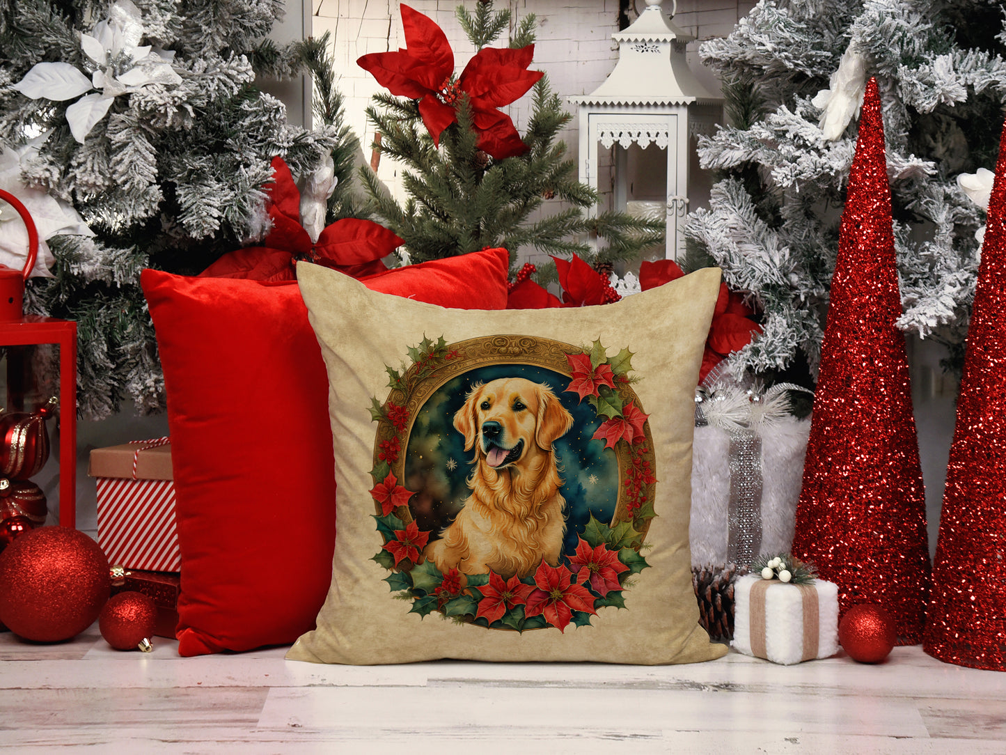 Golden Retriever Christmas Flowers Throw Pillow