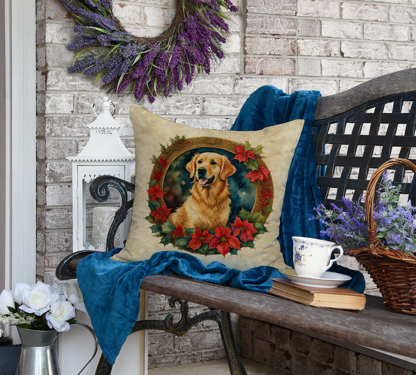 Golden Retriever Christmas Flowers Throw Pillow