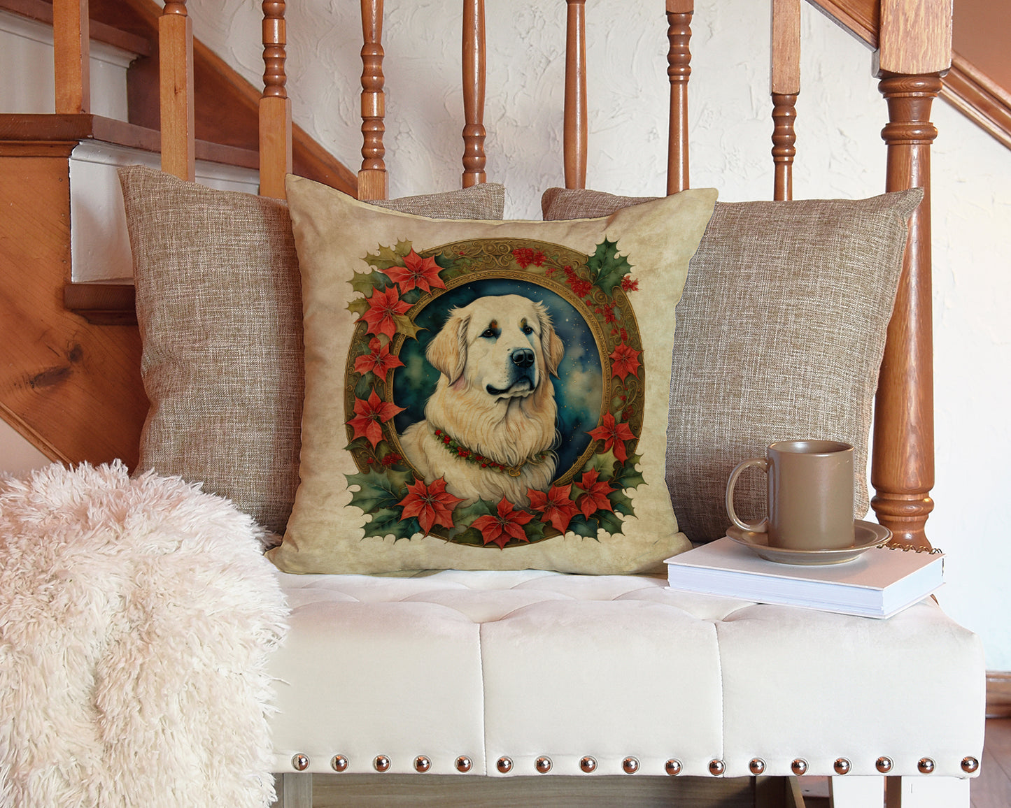 Great Pyrenees Christmas Flowers Throw Pillow