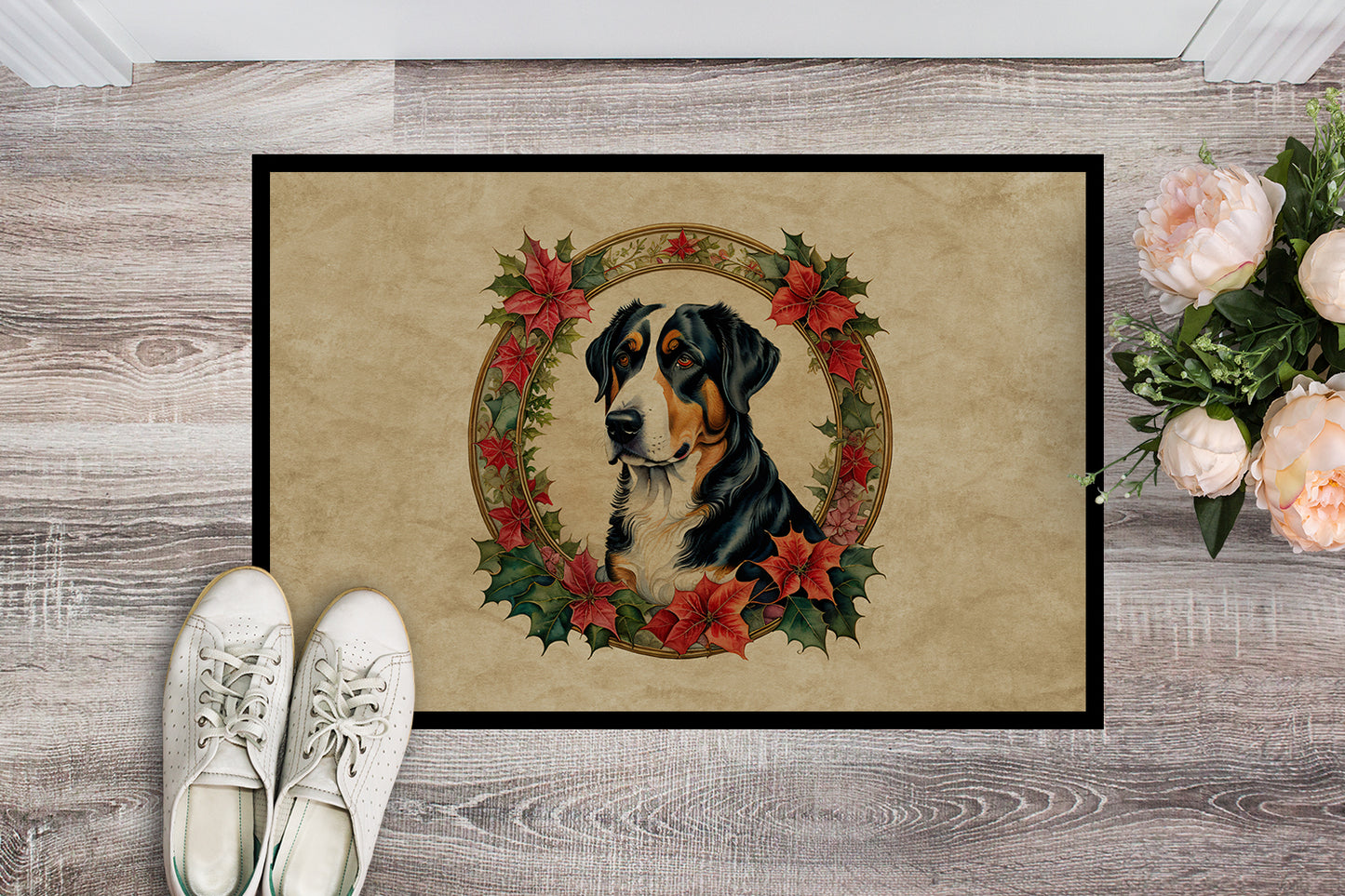 Greater Swiss Mountain Dog Christmas Flowers Doormat