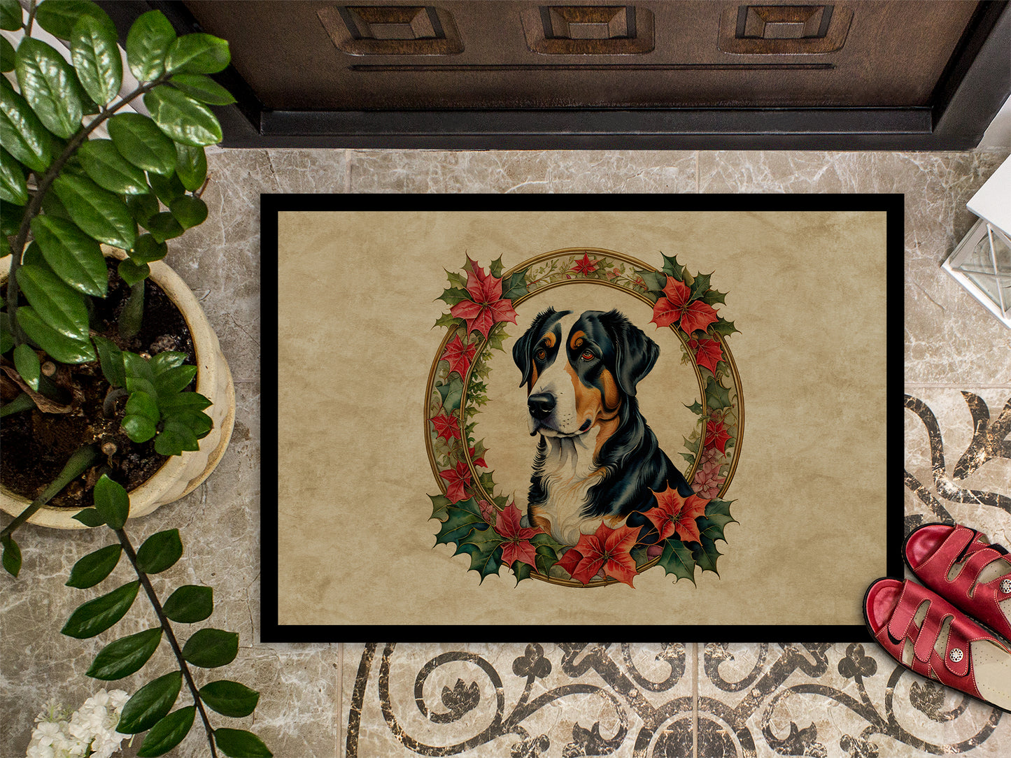 Greater Swiss Mountain Dog Christmas Flowers Doormat