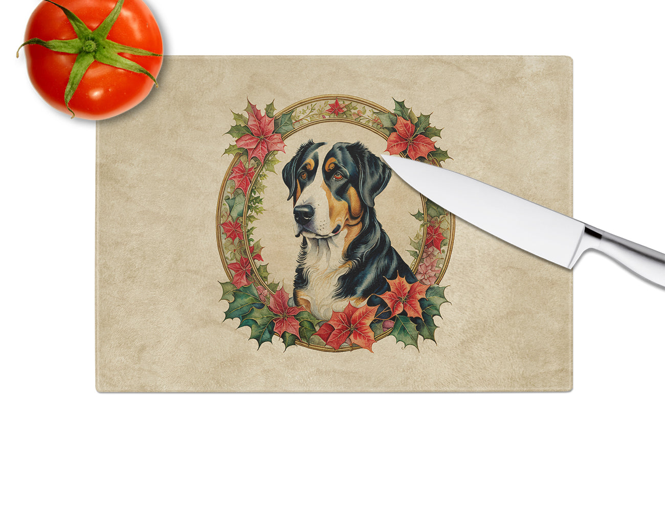 Greater Swiss Mountain Dog Christmas Flowers Glass Cutting Board