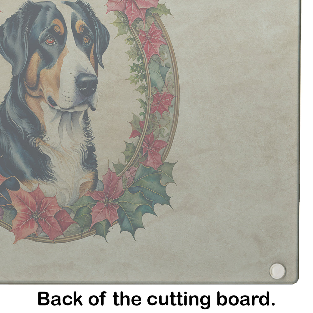 Greater Swiss Mountain Dog Christmas Flowers Glass Cutting Board