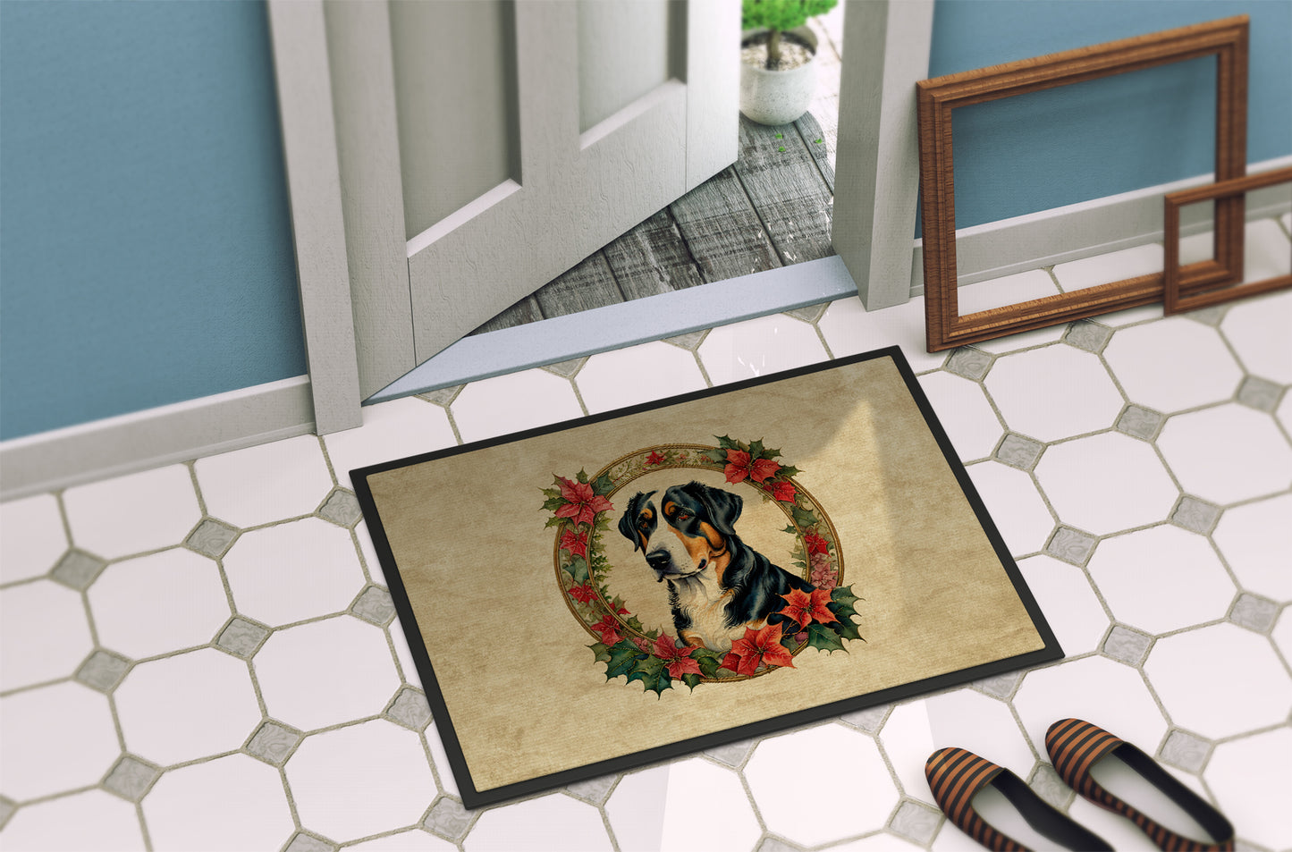 Greater Swiss Mountain Dog Christmas Flowers Doormat