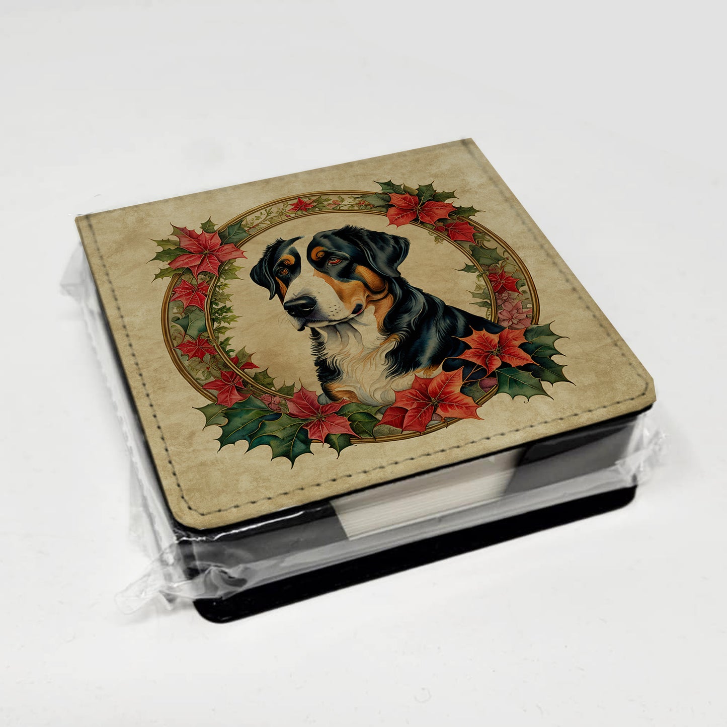 Greater Swiss Mountain Dog Christmas Flowers PU Leather Note Paper Holder