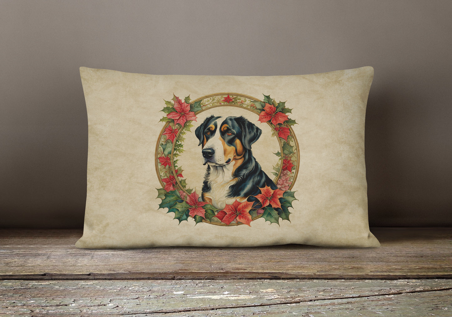 Greater Swiss Mountain Dog Christmas Flowers Throw Pillow