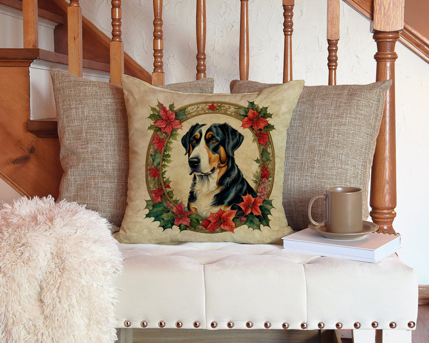 Greater Swiss Mountain Dog Christmas Flowers Throw Pillow