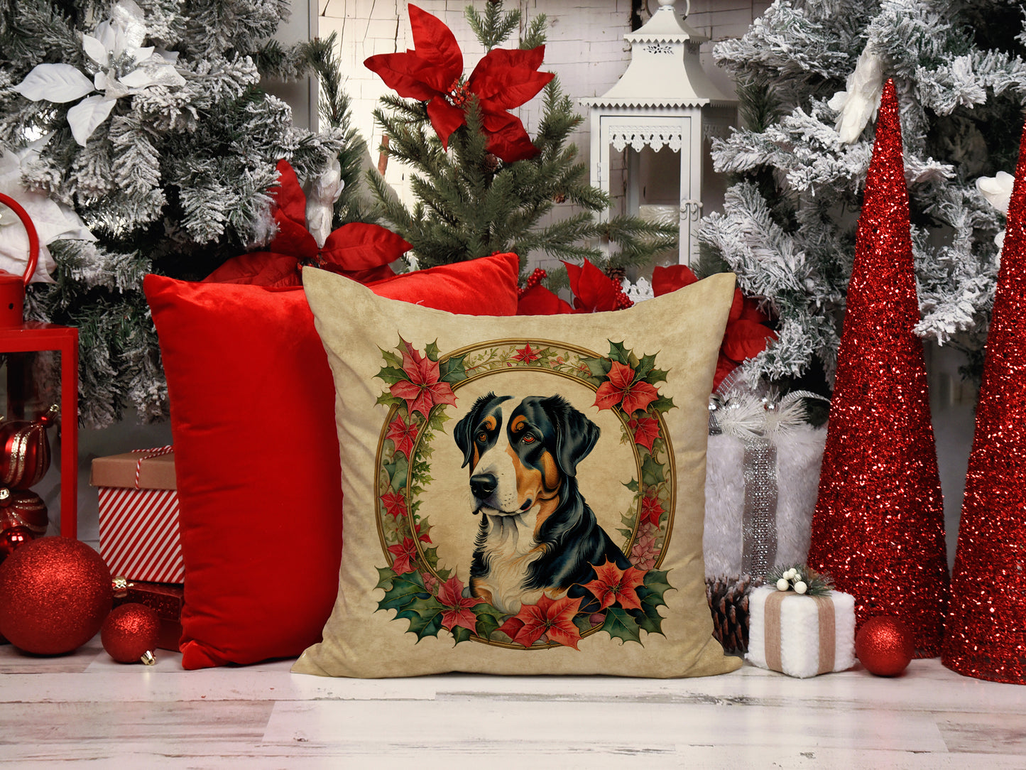 Greater Swiss Mountain Dog Christmas Flowers Throw Pillow