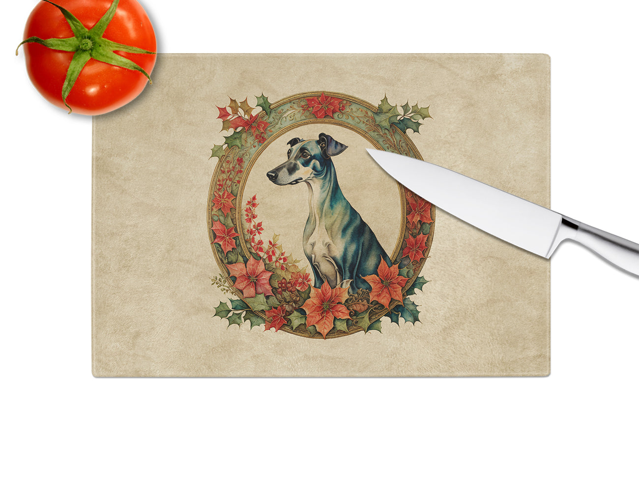 Greyhound Christmas Flowers Glass Cutting Board